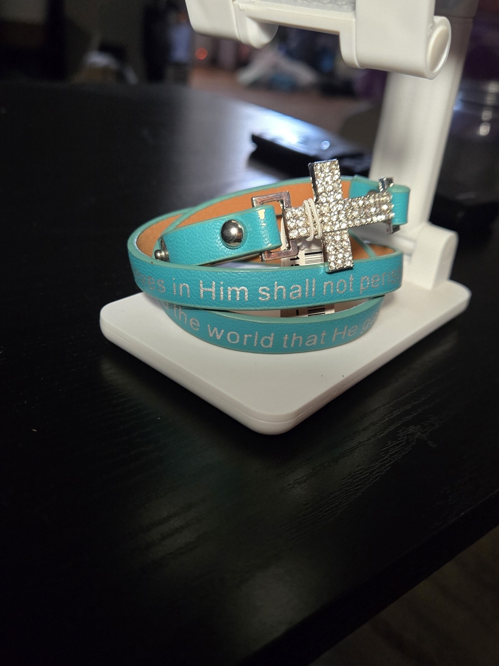 John 3:16 Turquoise Cross Wrap Bracelet with Rhinestones